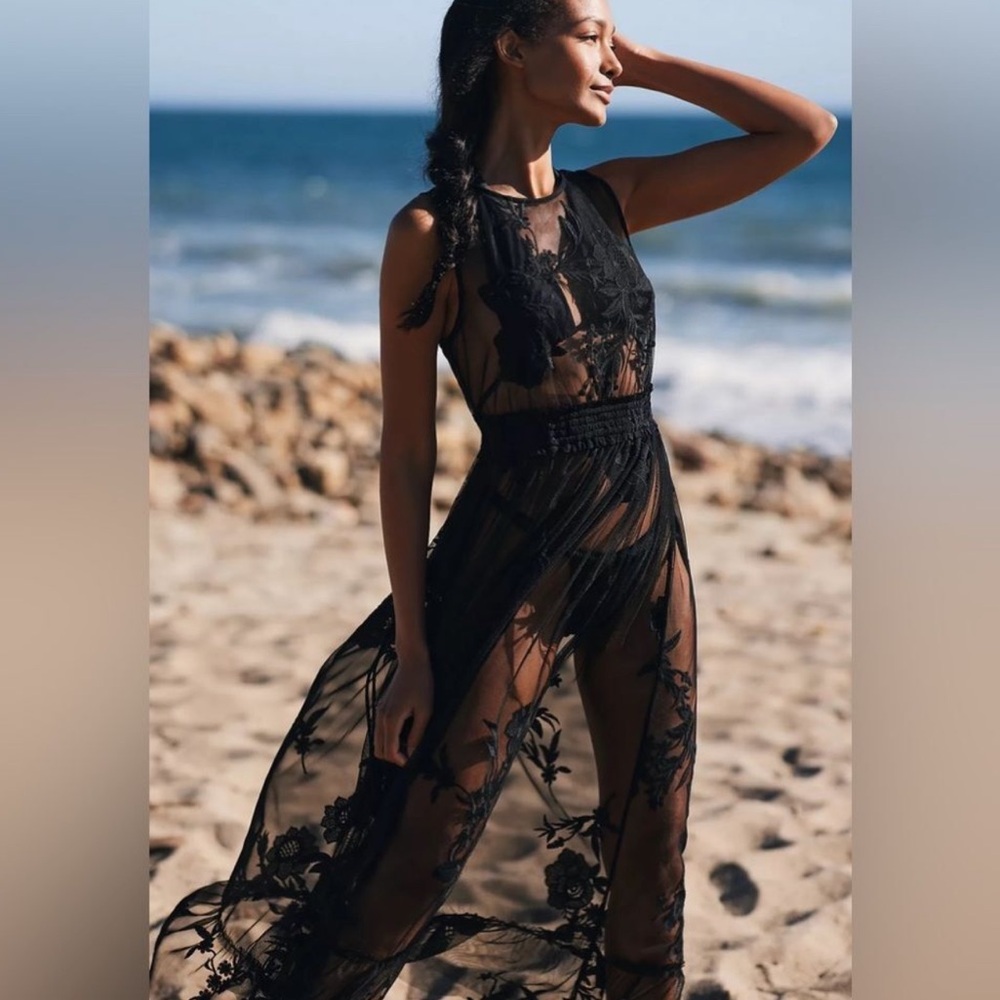 Anthropologie Elegant Black Sheer Lace Cover-up Dress